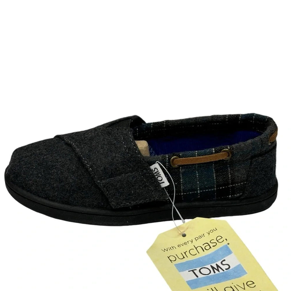 New TOMS Tiny Bimini Alpargata Blue & Grey Tartan Plaid Slip On Size 11 MSRP $59